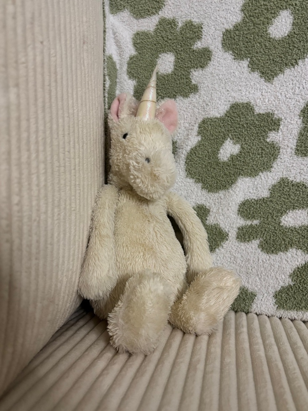 Jellycat Cream Plush Unicorn with Pink Ears and Pearlescent Horn